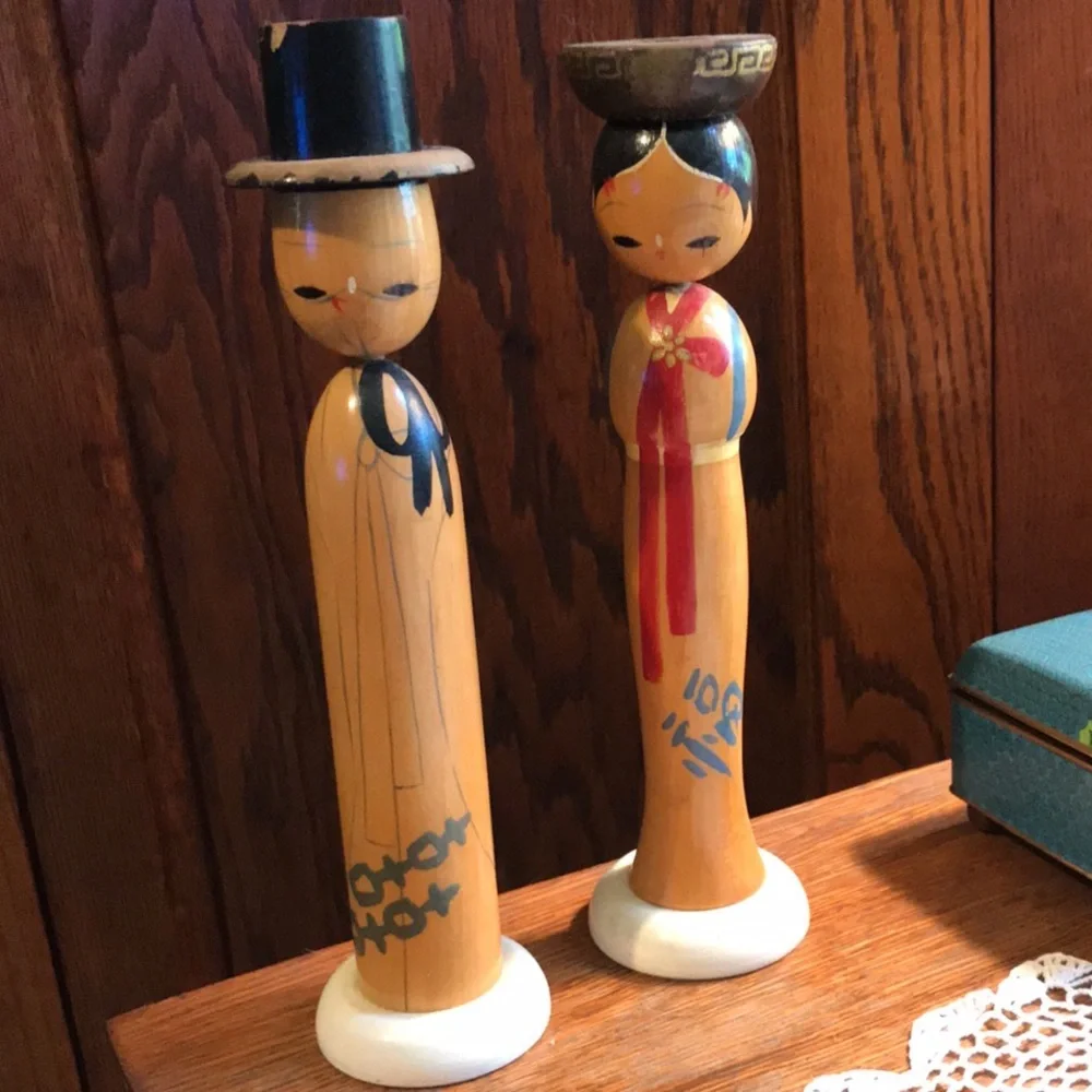 Vintage Kokeshi Wooden Candle Holders Pair Japan